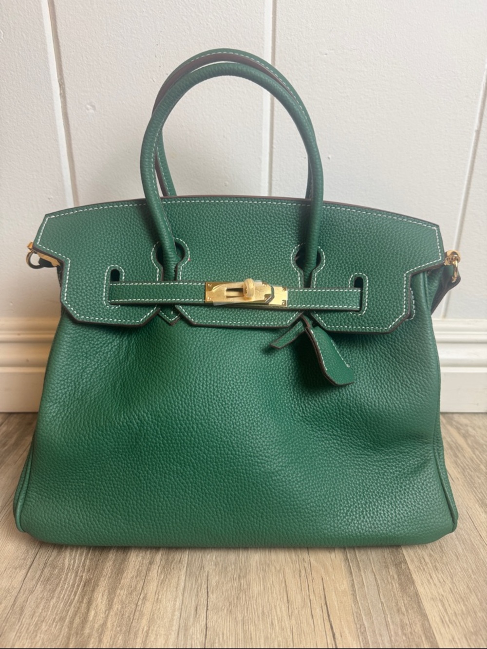 Green Leather Designer Inspired Satchel Gold Hardware Top Handle Bag